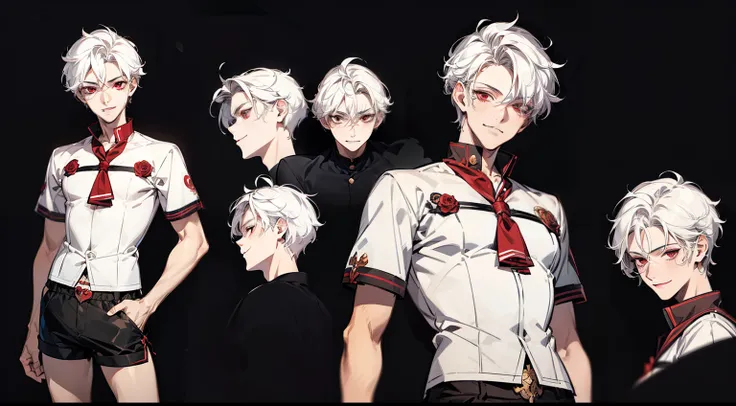 ((masterpiece)),(((best quality))),(character design sheet,same character,front,side,back), Reference sheet of a cute boy, short white hair, red eyes, smiling, black sailor outfit with short shorts, red rose as accessory, detailed face, detailed hair, (sim...