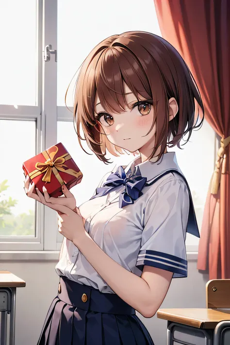 ((((Petite:1.0)))),(Short hair:1.5),(red brown hair:1.5),shyness,
,,(verysmall breasts:1.5),Classroom,,(give a present:1.5),(school uniform:1.5)

