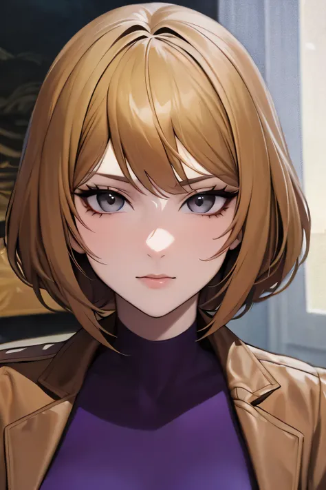 anime - stylish image of a woman in a brown jacket and a purple dress,  detailed portrait of character ,  high resolution commission , karin de Fear and hunger termina,  painted in the studio of the anime painter , epic rpg portrait,  a portrait of a chara...