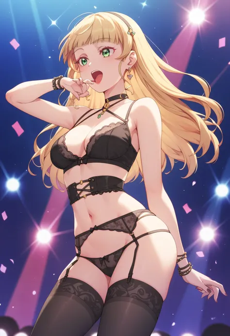 An image of Sumire Heanna with long puffy blonde hair wearing sheer lingerie with garter belts and black tights,  singing and dancing on stage .  