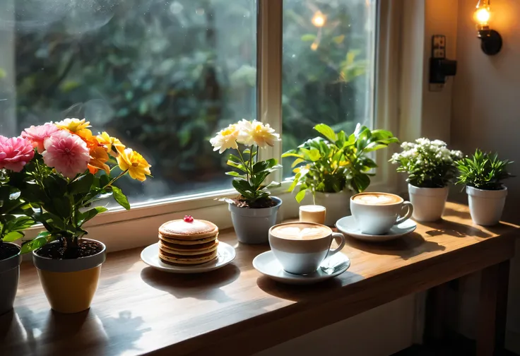 A warm moment in a stylish cafe、A table lined with coffee and sweets、 The interior of the coffee shop is drawn with exquisite details and vivid colors、 Delicate steam rises from a hot coffee cup on the table 、 soft sunshine、 cozy atmosphere、A corner of a c...