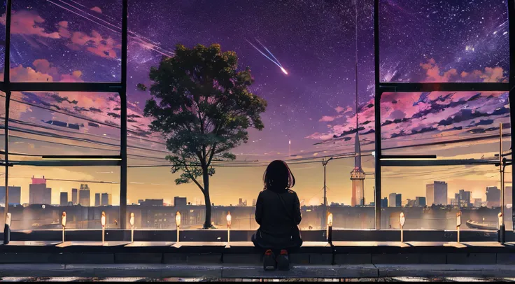 octans, null, star (null), scenery, starry null,   night ,  1 girl,   night  null, Alone,  outdoor, building, cloud,  Milky Way,  Sitting, tree,  long hair, city,   silhouette , cityscape