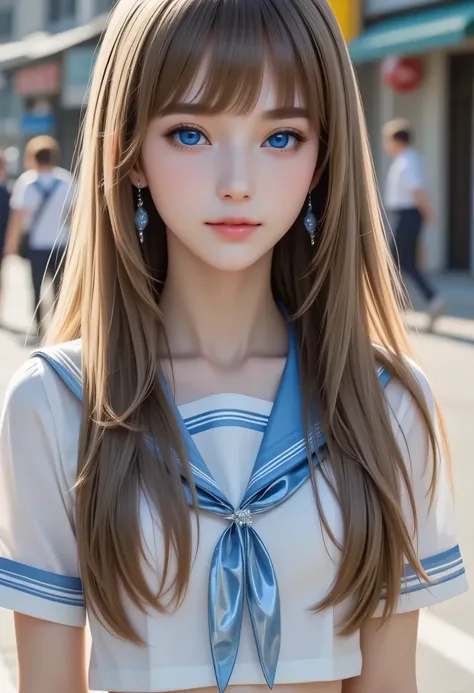 (full body shot:1.5), 
(japanese idol face:1.5),
very beautiful cute young girl,
(thirteen  years old:1.4),
exquisite smooth and silky long brown straight hair,fair skin,
(happy cheerful smile),
professional photogragh,
(super shiny  metallic light blue an...