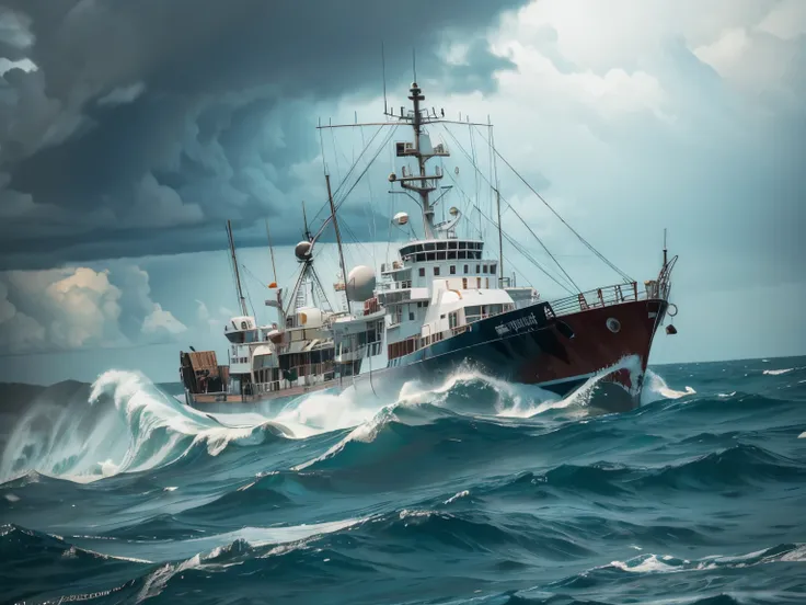 Close-up, a fishing trawler crossing the stormy Pacific Ocean, nothing but water 