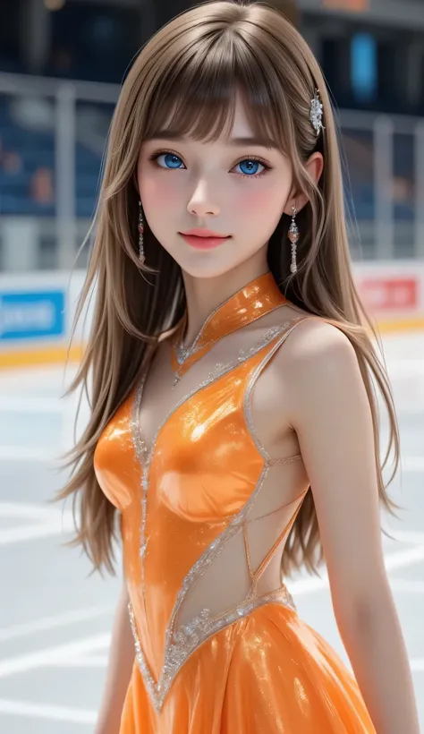 (super cute face:1.1),very beautiful cute girl,(thirteen  years old:1.2),fair skin,(happy cheerful smile),professional photograph ,very cute figure skating uniform,skating pose,(super shiny metallic orange transparent holographic costume:1.2),
skating aren...