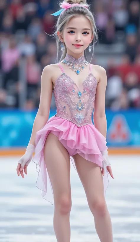 (super cute face:1.1),very beautiful cute girl,(thirteen  years old:1.2),fair skin,(happy cheerful smile),professional photograph ,very cute figure skating uniform,skating pose,(super shiny metallic pink transparent holographic costume:1.2),
skating arena ...