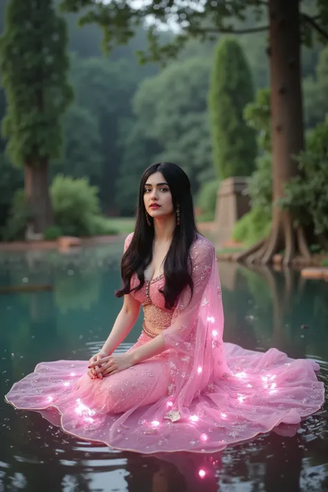 Visual sinematic rantasy From top looking at camera beautiful woman pink  neon aura hieroglyphic dress in fairy tale land Sit on calm forest lake fire fly
