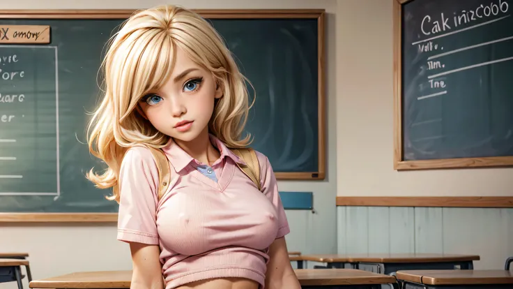 Cute  blonde girl wearing revealing pink high-school uniform in classroom, sexy, petite, blue eyes, popular girl, standing in front of the chalkboard, 