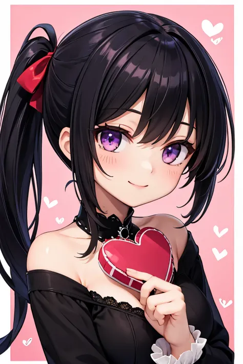 black hair, ((side ponytail)), purple eyes, smile, medium breasts, Valentine's Chocolate, Valentine