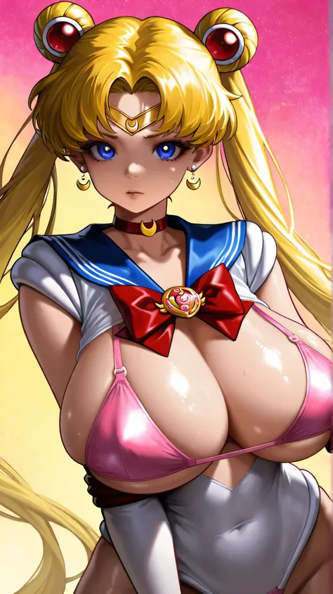 Highest quality, Super detailed, one asian girl, View the viewer, yellow hair, blue eyes, pink bra with straps, huge breasts, Sailor Moon, Kizi，Highly detailed, Amazing work，Vitreous luster,((clean backdrop))，clean backdrop。shiny skin, colorful background,...