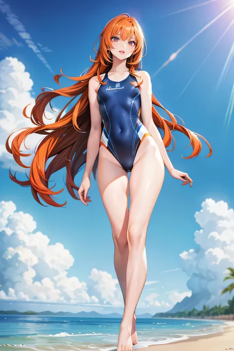 Beauty，Orange hair， tall, long hair ，Long hair flutters slightly with the wind ，Beauty， blue swimsuit ， The swimsuit has white stripes on the side， high split swimsuit，Beauty，Bare legs，Walking along the riverbank ， perfect body ， beautiful legs ，whole body...