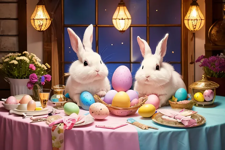  pastel color ステンドグラスアート,Easter,Eggs and rabbits ,Fairytale, colorful,Fairy tale style , fluffy atmosphere, pastel color , pink、Represent rabbits and eggs with stained glass 