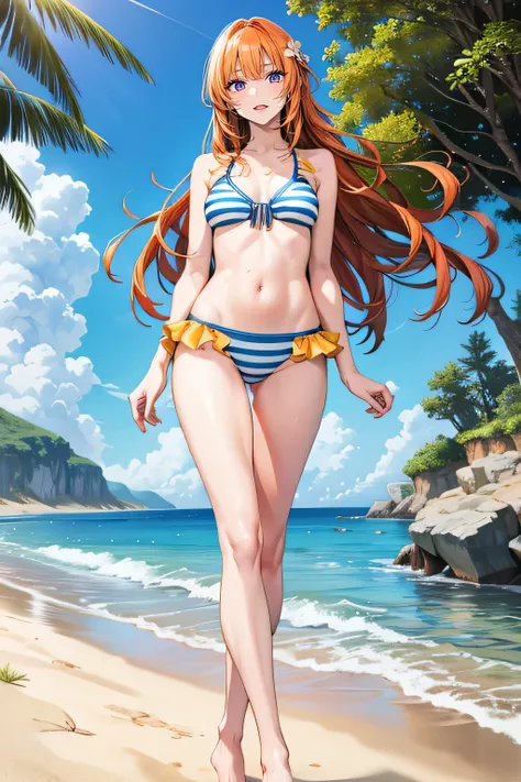 Beauty，Orange hair， tall, long hair ，Long hair flutters slightly with the wind ，Beauty， blue swimsuit ， The swimsuit has white stripes on the side， high split swimsuit，Beauty，Bare legs，Walking along the riverbank ， perfect body ， beautiful legs ，whole body...