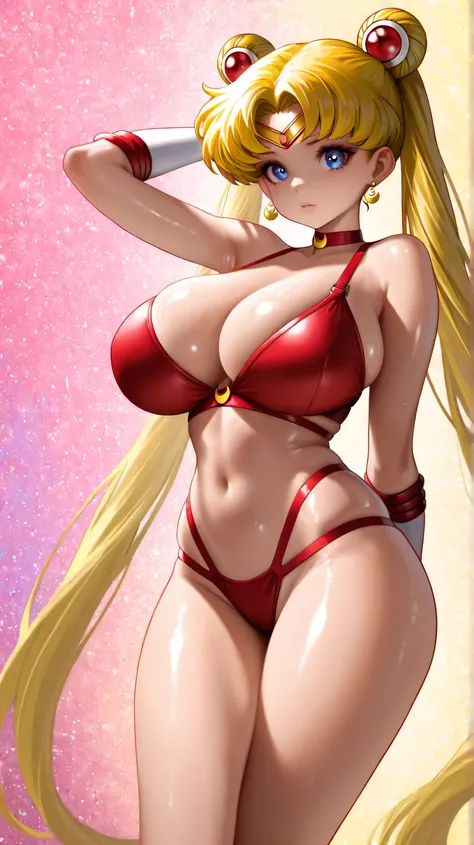 Highest quality, Super detailed, one asian girl, View the viewer, yellow hair, blue eyes, red bra with straps, huge breasts, Sailor Moon, Kizi，Highly detailed, Amazing work，Vitreous luster,((clean backdrop))，clean backdrop。shiny skin, colorful background, ...