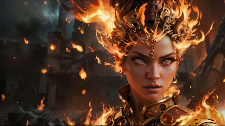 a close up of a woman with fire on her head, she has fire powers, appears as the fire goddess, unreal engine 5 render dramatic, cinematic goddess shot, stunning vfx, cinematic unreal engine 5, unreal engine 5 highly rendered, steampunk chandra queen of fir...