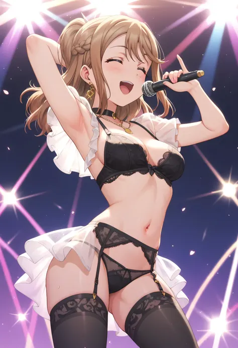 An image of hanamaru kunikida wearing transparent lingerie with garter belts and black tights,  singing and dancing on stage .  