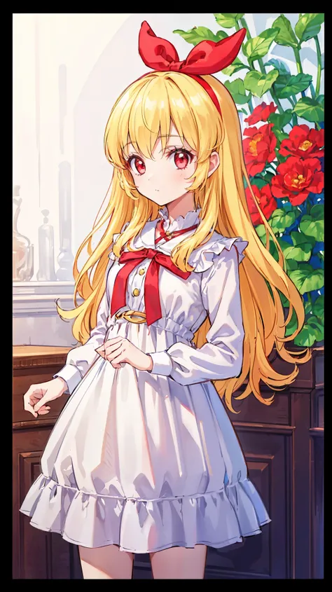 (( top quality,  Hi-Res,   perfect pixels,  4K)),   staring at viewers,  long hair, red ribbon on head blonde hair、 Red Eye、 detailed eyes， white flower， no background，pure white dress outfit ，No uniform 
  
 