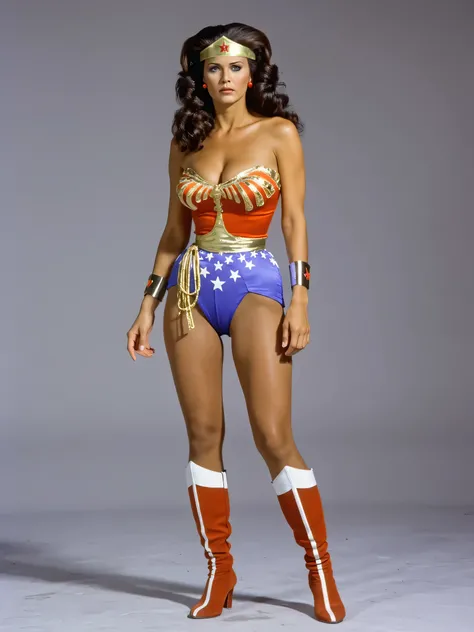 Lynda Carter as Aquanaut Wonder Woman, sexy photoshoot in a blank gray background, full body photo, standing very sexy seductive posing, showing off hot legs and boots, ((( with eyes opened, mouth open, glossy lips )))，with a desperate sexy expression