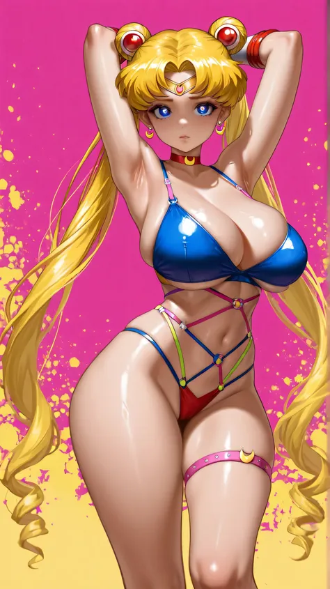 Highest quality, Super detailed, one asian girl, View the viewer, yellow hair, blue eyes, blue bra with straps, huge breasts, Sailor Moon, Kizi，Highly detailed, Amazing work，Vitreous luster,((clean backdrop))，clean backdrop。shiny skin, colorful background,...