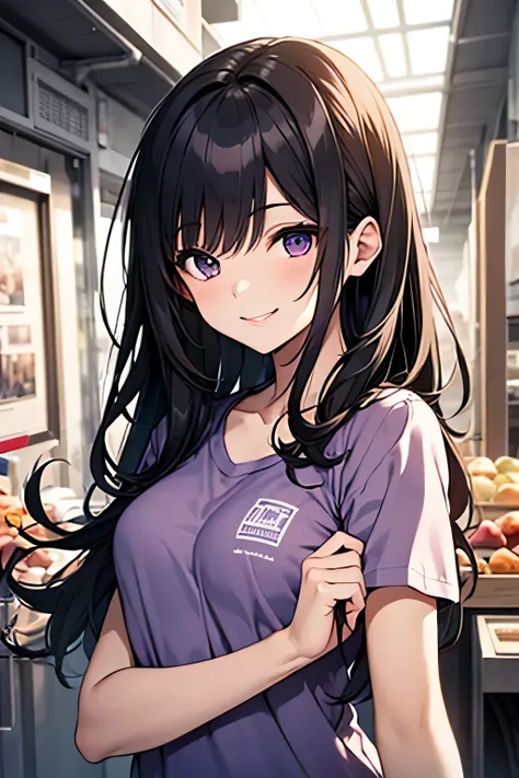 top quality,  Masterpiece, ８k,  cute girl, １８age,  black hair,  long hair, I'm wearing a purple t-shirt,  smiling , ビーチにいる, The whole body is in the picture,  LOOKING HERE