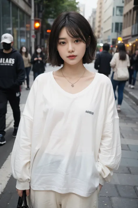 ((Masterpiece, high quality, best quality, ultra detailed, RAW Photo, 4k)), 1 girl, tomboy girl, short hair, have two hair layers, black hair, perfect eyes, perfect face, delicate face, perfect eyelids, pale skin, (wearing oversized t-shirt and oversized l...