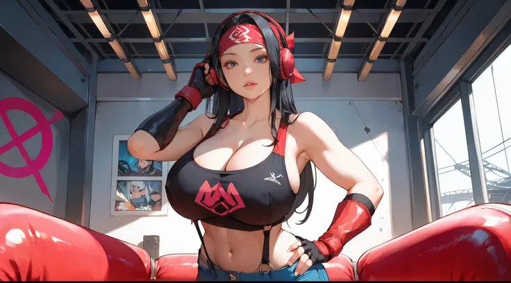 girl, hand on hips, black cropped tank top, (gigantic breasts:1.4), micro skirt, fingerless arm gloves, gauntlet, suspender, head bandana, (headphone), long hair, black hair, hairband, looking at viewer, indoors, on boxing ring, industrial area, graffiti, ...