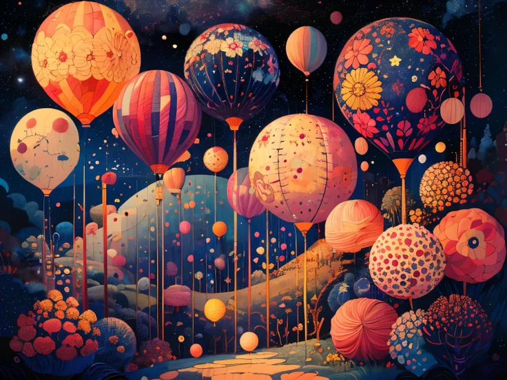 ( Masterpiece,  top quality:1.2), The World of Patchwork Quilts,Handmade style,A fantastic night sky,
 top quality,night,闇night, Many faintly glowing round balloons float,COLORFUL ROUND BALLOONS ,Various patterns , floats in a well-balanced manner ,The bac...