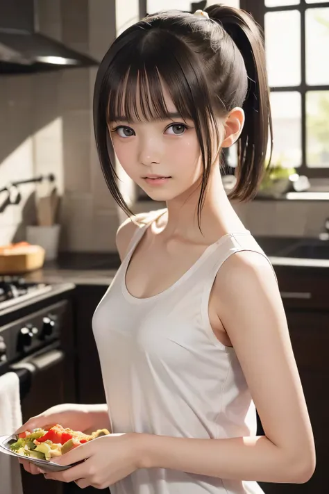 (8k,  RAW photo,  photorealistic:1.25), (looking at viewer, Messy hair, disheveled wet Hair, wet short ponytail hair, very short hair:1.8), (white headband:1.5), (cleavage, flat chest, covered nipples, white tank top, white running short pants, Track and f...