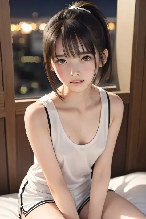 (8k,  RAW photo,  photorealistic:1.25), (looking at viewer, Messy hair, disheveled wet Hair, wet short ponytail hair, very short hair:1.8), (white headband:1.5), (cleavage, flat chest, covered nipples, white tank top, white running short pants, Track and f...