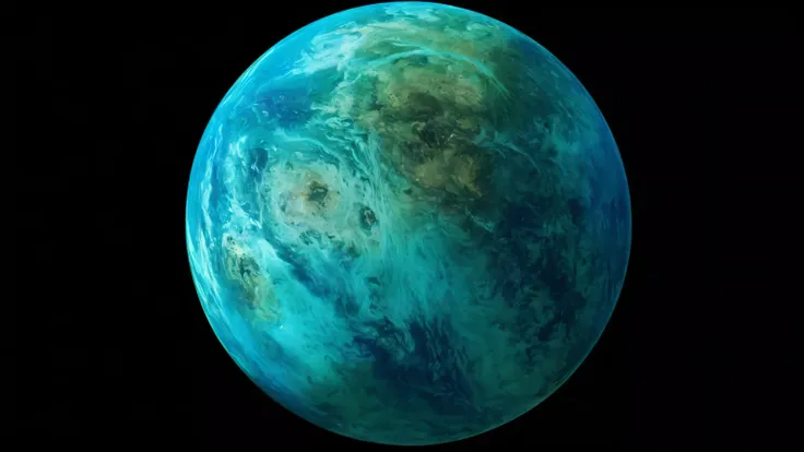 Close-up of a large planet in greenish-blue color. Space is dotted with bright stars. An asteroid ring can be seen around the planet that revolve around forming a dense cluster. Several asteroids are seen close-up in front of the camera.