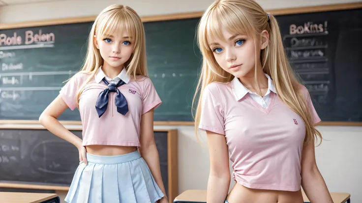 1girl, solo, single girl, young girl, Standing in a classroom, Cute blonde girl wearing revealing pink high-school uniform in classroom, sexy, petite, blue eyes, popular girl, standing in front of the chalkboard, 