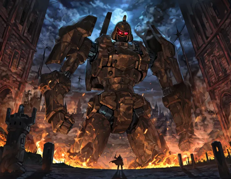 absurd, (absurd_resolution), masterpiece, best quality, (best illustration), (best shadow), ultra-High resolution, score_9, score_8_up, score_7_up, BREAK source_anime, ancient gear golem, robot, clenched hand, giantess, glowing red eyes, dark, night, shado...