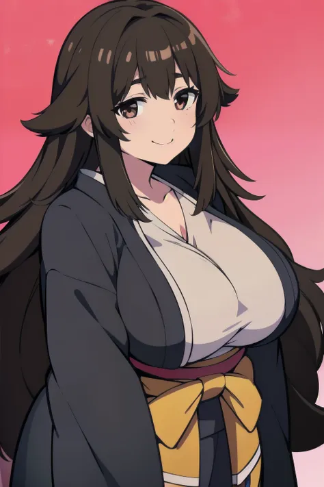 Chubby girl with big breasts black hair brown eyes happy long messy hair smiling kimono
