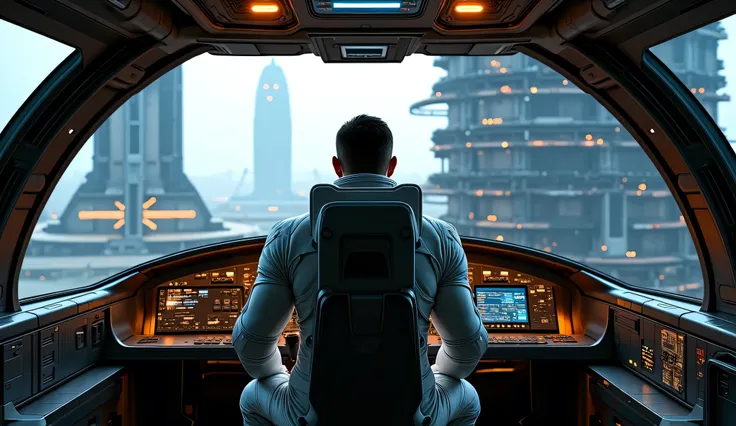  cool blue-gray tones with golden-bronze highlights,  soft ambient lighting ,  reminiscent of early dawn .  The futuristic spaceport is huge ,  glow with towering metal structures , with huge glass domes and sprawling launch platforms, .  Through the wide ...