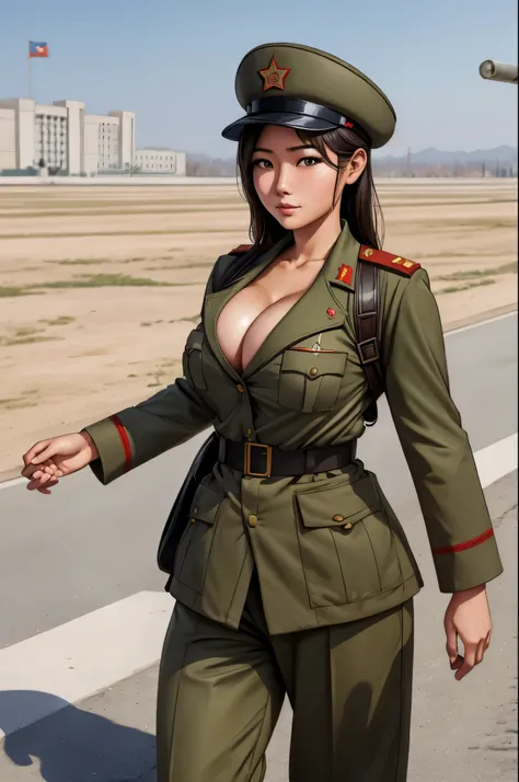 North Korean female soldier, cleavage