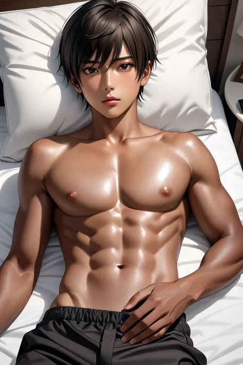 High Quality, Details, photo realistic, (1 shiny skin Japanese young boy), (Details black eyes), (abs), (black short hair), (dark brown skin face:1.3), (topless), (bulge), (Details puffy nipples:1.2),  Details areola, looking for viewer, lie in bed,