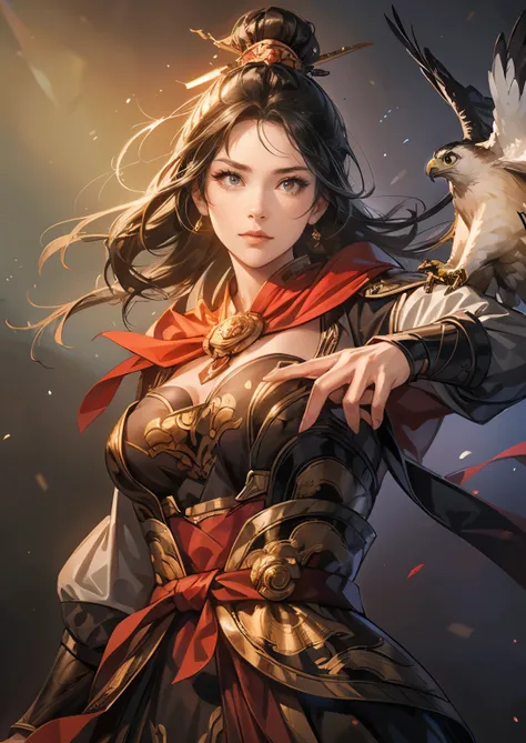 (((  Picture Style Maintenance  ))),  Koei Three Kingdoms illustration, Maintain the composition ,  attractive woman ,  dark background , ((  Natural Hands  )),  ((  black hair)),  visible chest bone , ((A hawk landing on an arm))