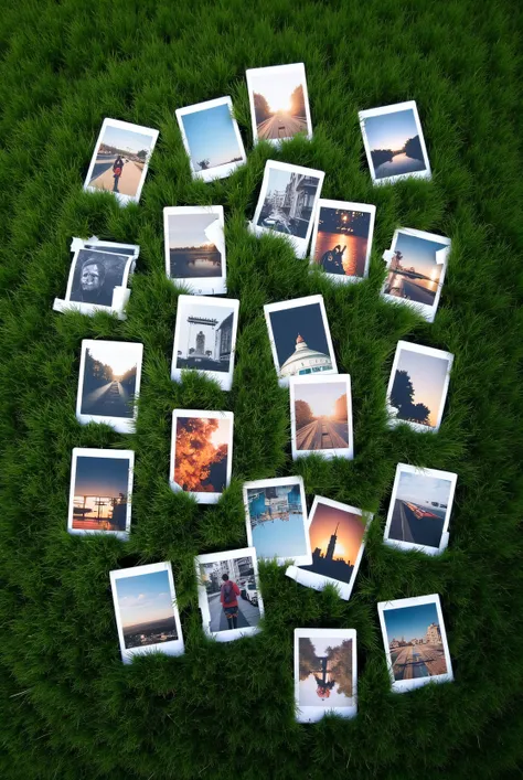 Reel of photographs printed and scattered on the green grass of a soccer field seen in a zenithal form