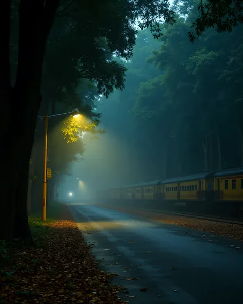 On Old Indian yellow pole light road car group running, horror Old Indian road , yellow side poles, big deep trees around the road , close to camera, leaves on road, leaves are flowing in air and road, fog lightroom effect, professional photography of seen...