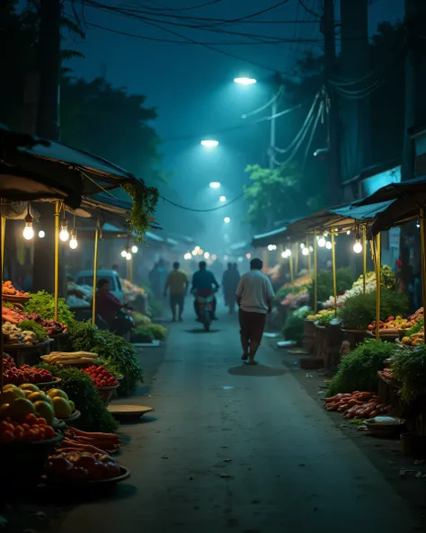 4k image, Indian vegetable market, horror Old Indian road , yellow side poles, big deep vegitable Market , close to camera, Indian culture, dark night market crowd, fog lightroom effect, professional photography of seen, dark night , road side , side look,...