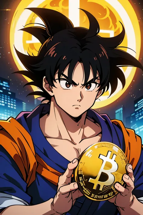  Cyberpunk Style 、Son Goku from Journey to the West 、The Golden Ring 、 manly face、One person、 holds bitcoins、 above her upper body 