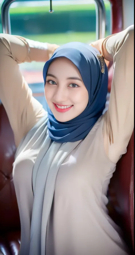 1girl hijab, ((wear hijab in head girl)), outfit hijab style, beautiful detailed eyes, beautiful detailed lips, (laughing smile), extremely detailed face and portrait,((lifting her arms to reveal her smooth armpits)), potrait from below, long eyelashes, me...