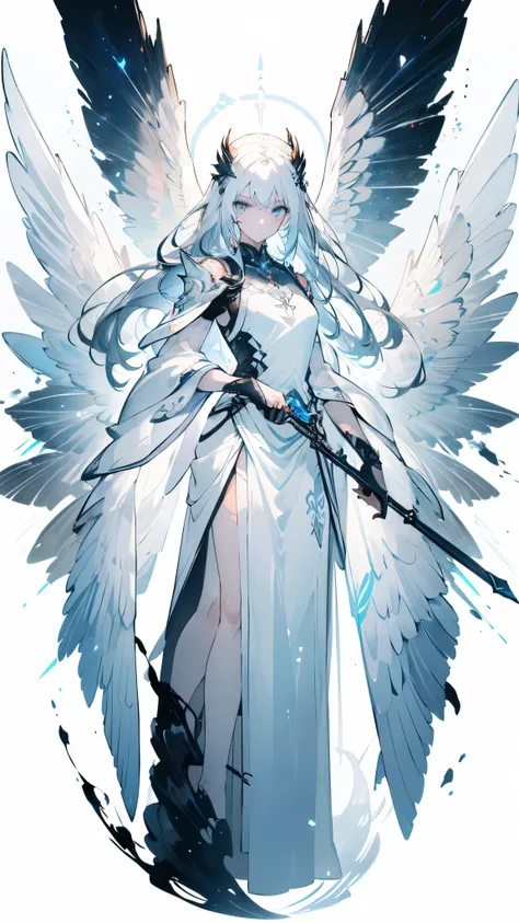 (( masterpiece，  highest quality))， whole body，Standing picture，Angel， pure white background，Wings of Steel， detailed facial，warrior， white and gray ， whole body， from above ， Glowing Eyes，Tattoo，  is very beautiful ，transparent，sexy