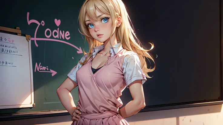 1girl, solo, single girl, young girl, Standing in a classroom, Cute blonde girl wearing revealing pink high-school uniform in classroom, sexy, petite, blue eyes, popular girl, standing in front of the chalkboard, 