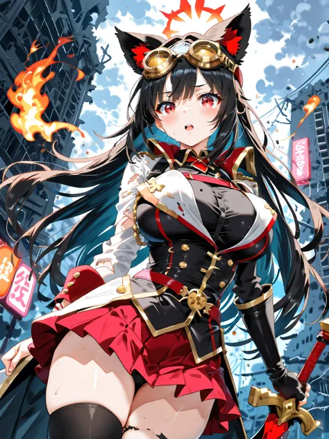   1girl  , (face zoom above breast:1.1).
 Manipulate flames with arm movements 、 scenes that create accurate swords 。 extremely detailed background and characters、 that stands out with a magical hologram outline 。 features red eyes and  long jet black hair...