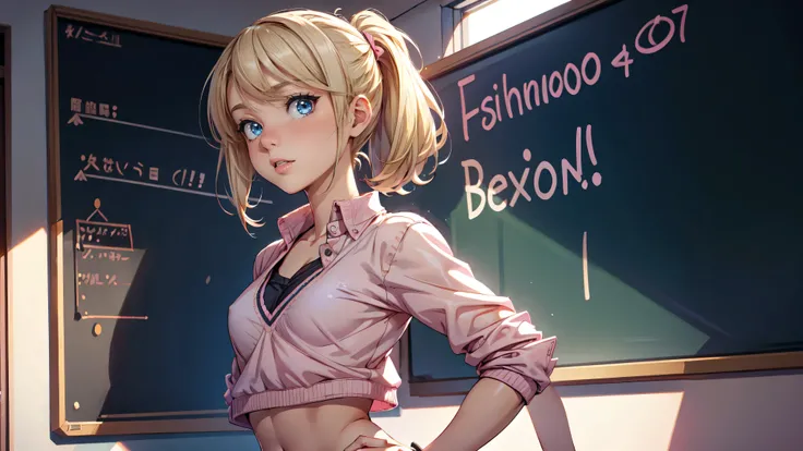 1girl, solo, single girl, young girl, Standing in a classroom, Cute blonde girl wearing revealing pink high-school uniform in classroom, sexy, petite, blue eyes, popular girl, standing in front of the chalkboard, 