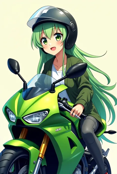 Anime Girl, sit on green motorcycle, helmet motorcycle, long hair, green hair, green eyes, happy face