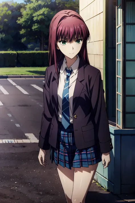 I'm wearing a hoodie over my school uniform, outdoor, downtown,Girl walking,Lunch,赤  purple hair,  green eyes,  eyes like jewels,((最  high quality)), ((  Masterpiece)), (  Details),  1 girl , is laughing,  blazer uniform,赤  purple hair,  green eyes ,  eyes...