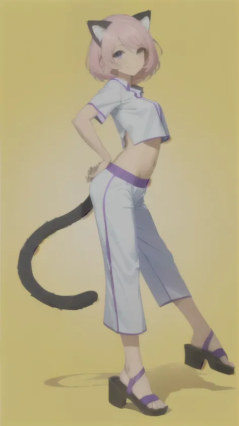 A cat-girl with short pink hair and bright purple eyes based on the Pokémon Mew .  It has a long tail the same shade as her hair with an oval tip. She has small but prominent breasts, marked abdomen , small waist, narrow hips,  round butt and thick thighs ...