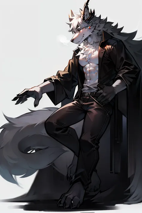 A full body black and white drawing of an anthropomorphic wolf,Uses a furry art style， and the right hand is covered with black fog， The right side has a dragon horn 。